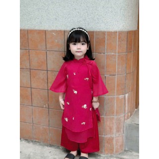 Áo dài đính dây nơ thêu hoa Mozi. Áo dài lụa cao cấp cho bé gái (Shop yêu thích)