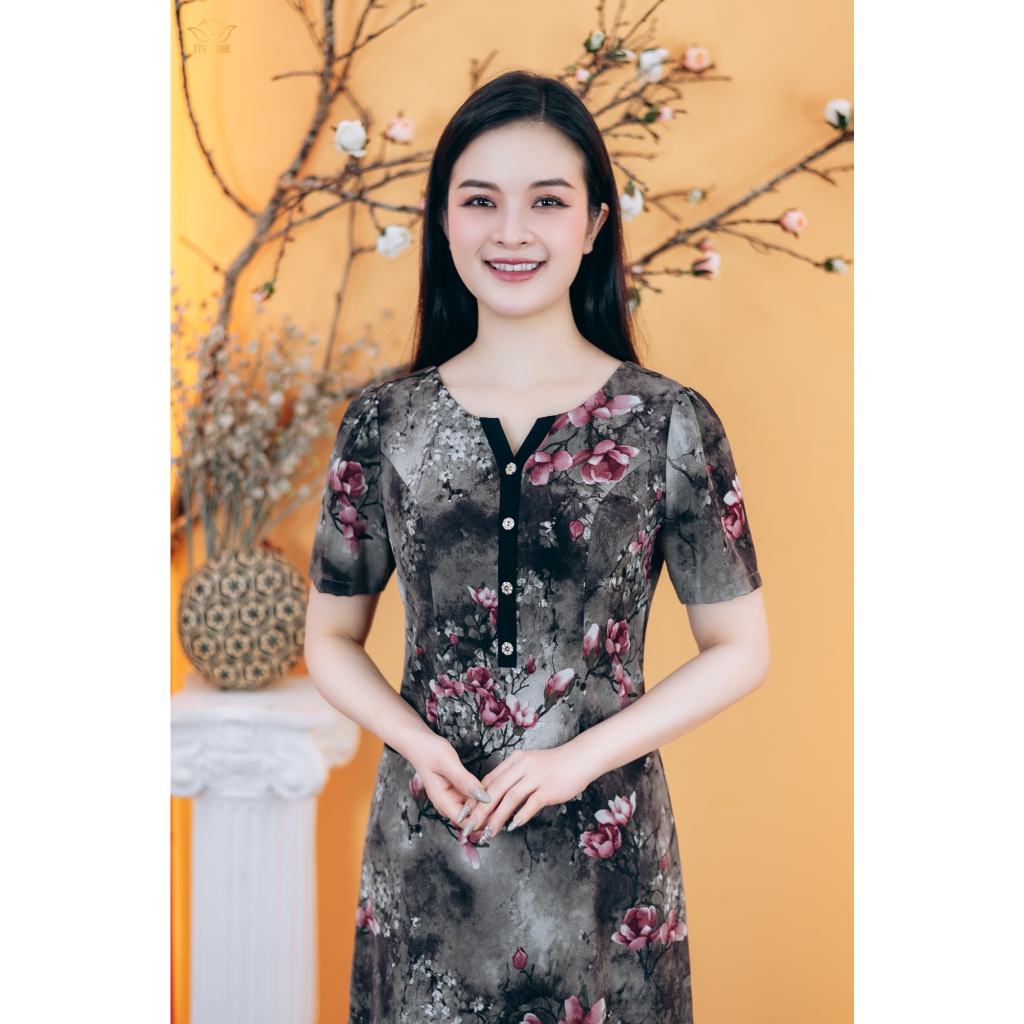 Ảnh Đầm suông - Cổ tròn khoét V kết nút tay ngắn - Xám hoa - TTV Store thời trang nữ TTV1764 2