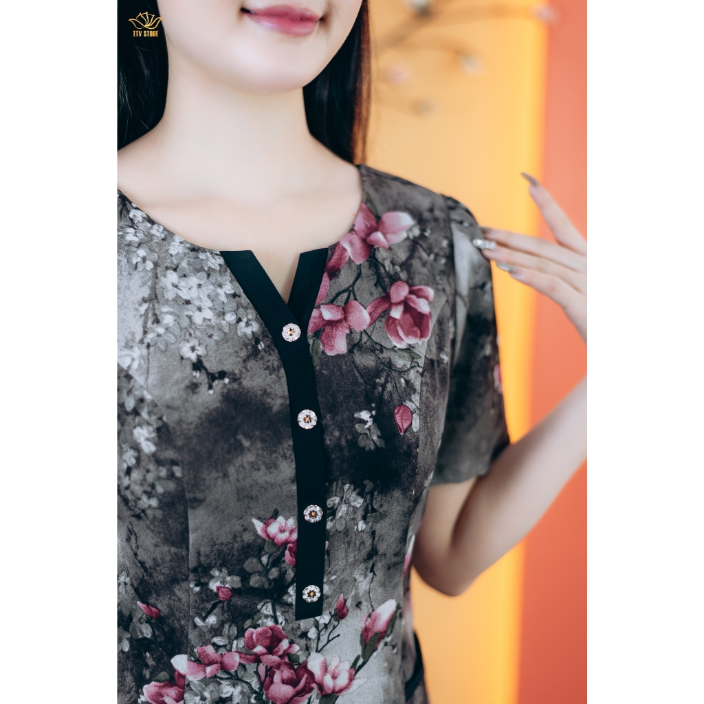 Ảnh Đầm suông - Cổ tròn khoét V kết nút tay ngắn - Xám hoa - TTV Store thời trang nữ TTV1764 1
