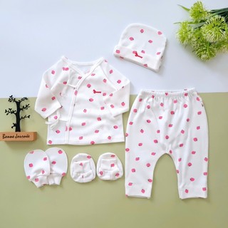 Bộ sơ sinh cột dây kèm mũ vớ Bunnybaby chất thun cottom mềm mịn cho bé 3-5kg