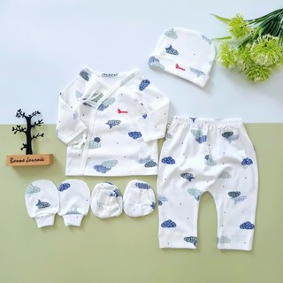 Bộ sơ sinh cột dây kèm mũ vớ Bunnybaby chất thun cottom mềm mịn cho bé 3-5kg