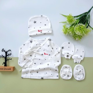 Set áo sơ sinh 4 món kèm mũ bao tay vớ chân chất cotton Hàn mềm mại cho bé 0-3 tháng