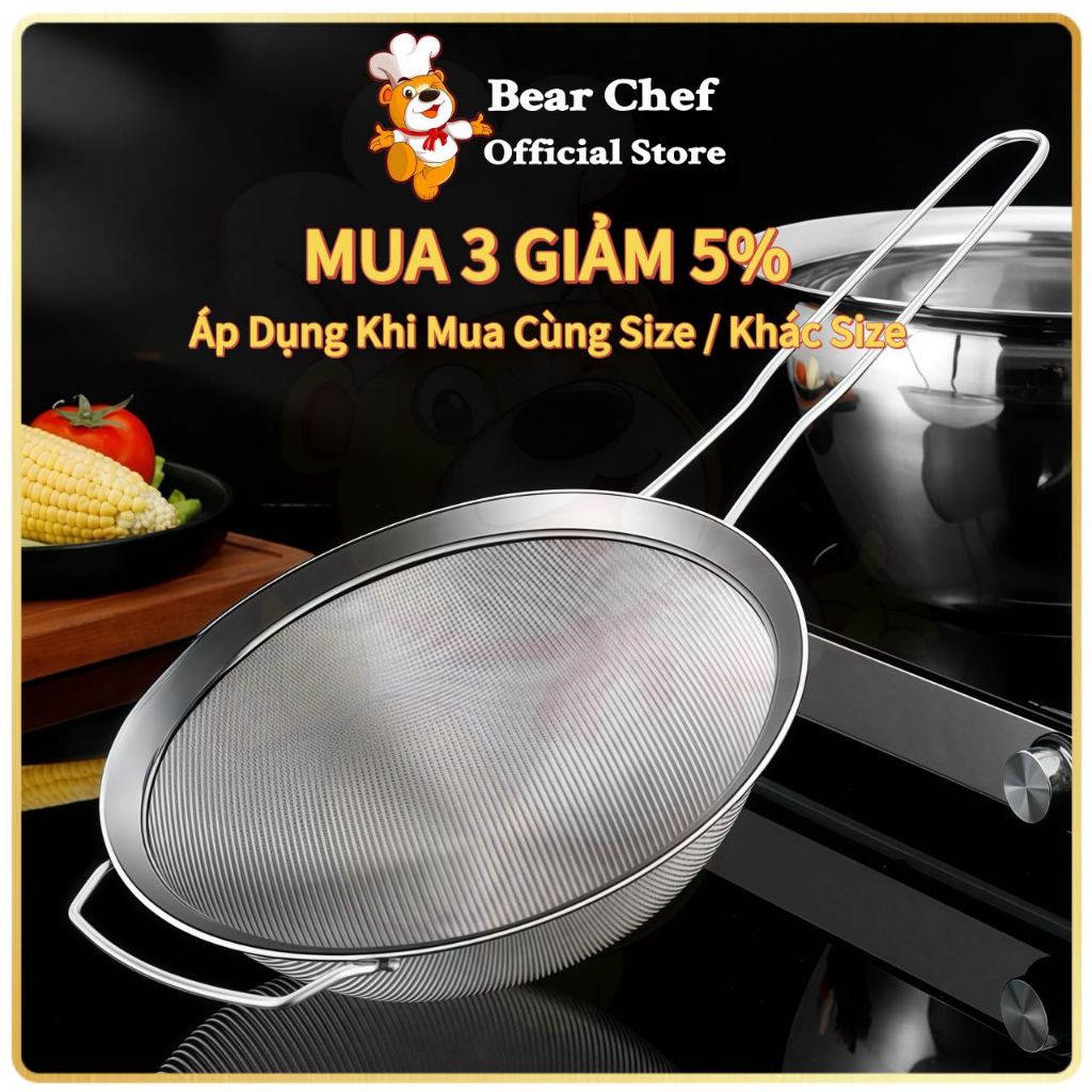 Rây lọc inox Cao cấp thiêt kế thêm tai 25、28cm Bear Chef cán cách nhiệt ...