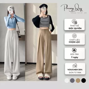 Quần suông nữ ống rộng hai ly chéo, chất liệu vải trượt hàn cao cấp, phù hợp công sở đi chơi