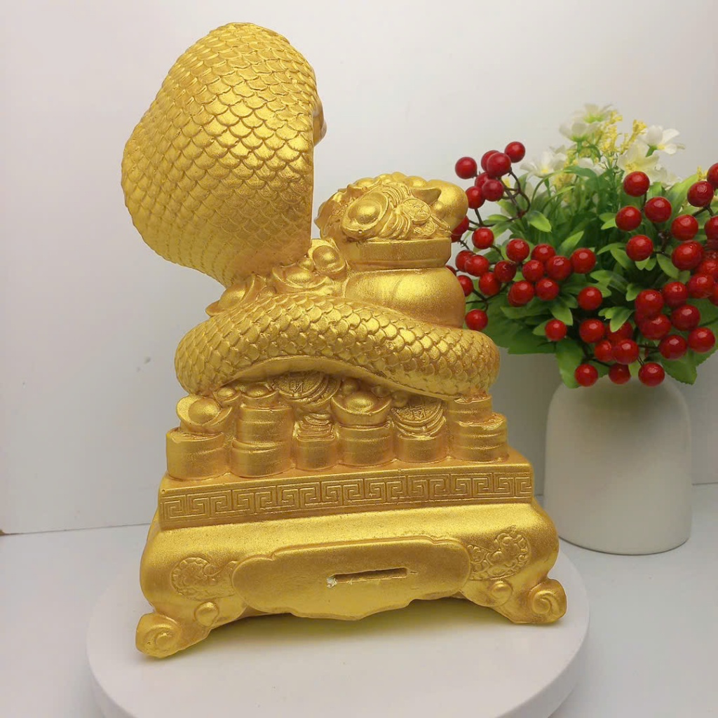 Tượng Rắn cuộn vàng Phong thủy Tết 2025 may mắn Tài lộc cao 28cm-ống heo heo đất tiết kiệm