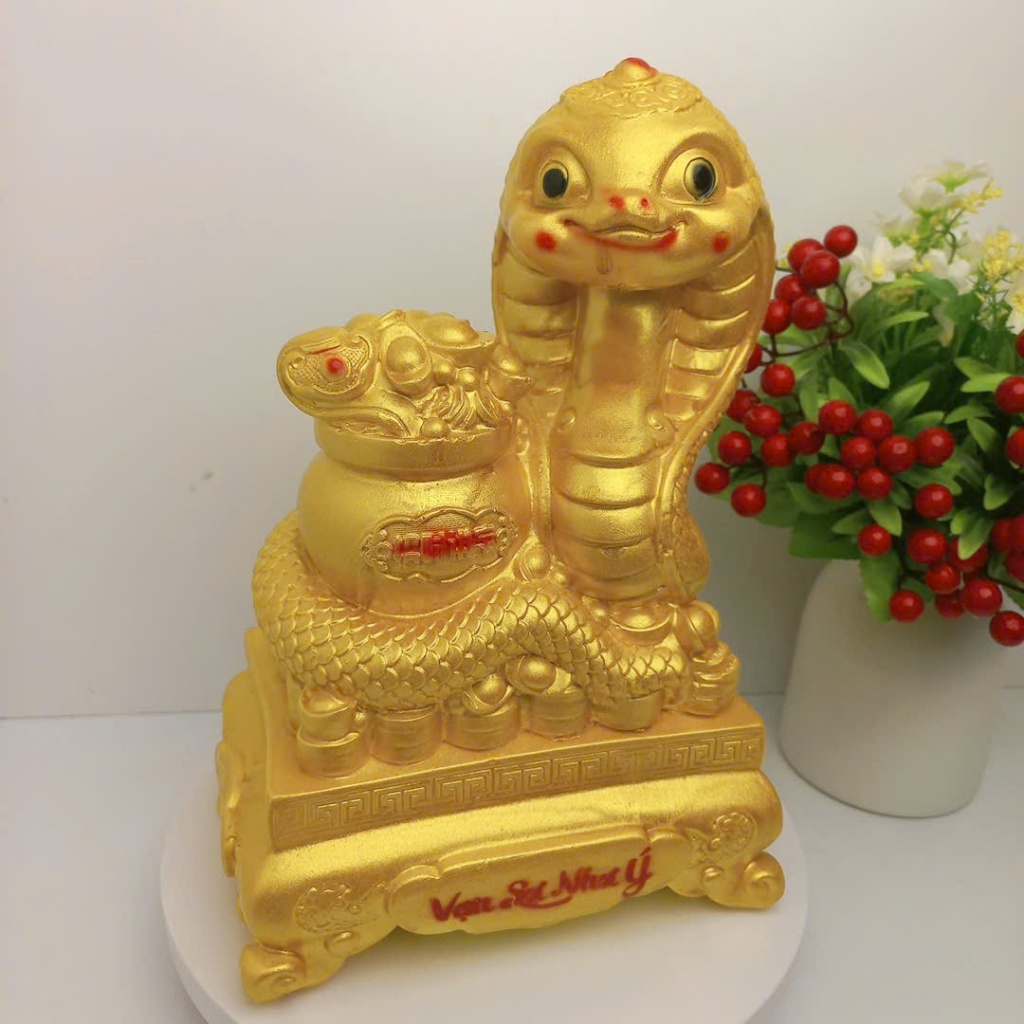 Tượng Rắn cuộn vàng Phong thủy Tết 2025 may mắn Tài lộc cao 28cm-ống heo heo đất tiết kiệm