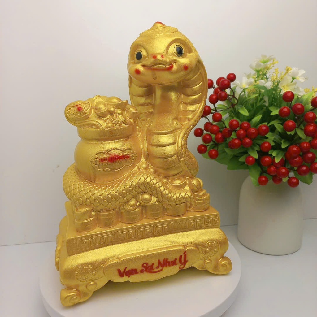 Tượng Rắn cuộn vàng Phong thủy Tết 2025 may mắn Tài lộc cao 28cm-ống heo heo đất tiết kiệm