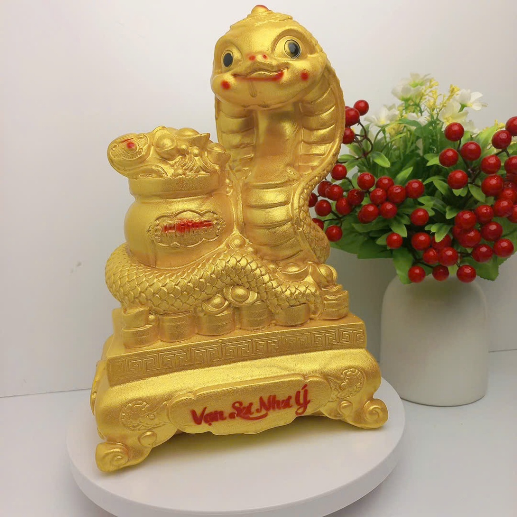 Tượng Rắn cuộn vàng Phong thủy Tết 2025 may mắn Tài lộc cao 28cm-ống heo heo đất tiết kiệm