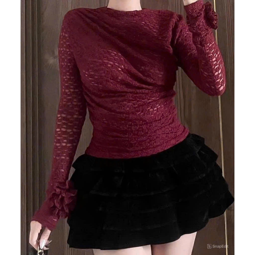 Áo ren lưới dúm vai tay hoa ôm body chiết eo tôn dáng tiểu thư (có lớp lót trong)