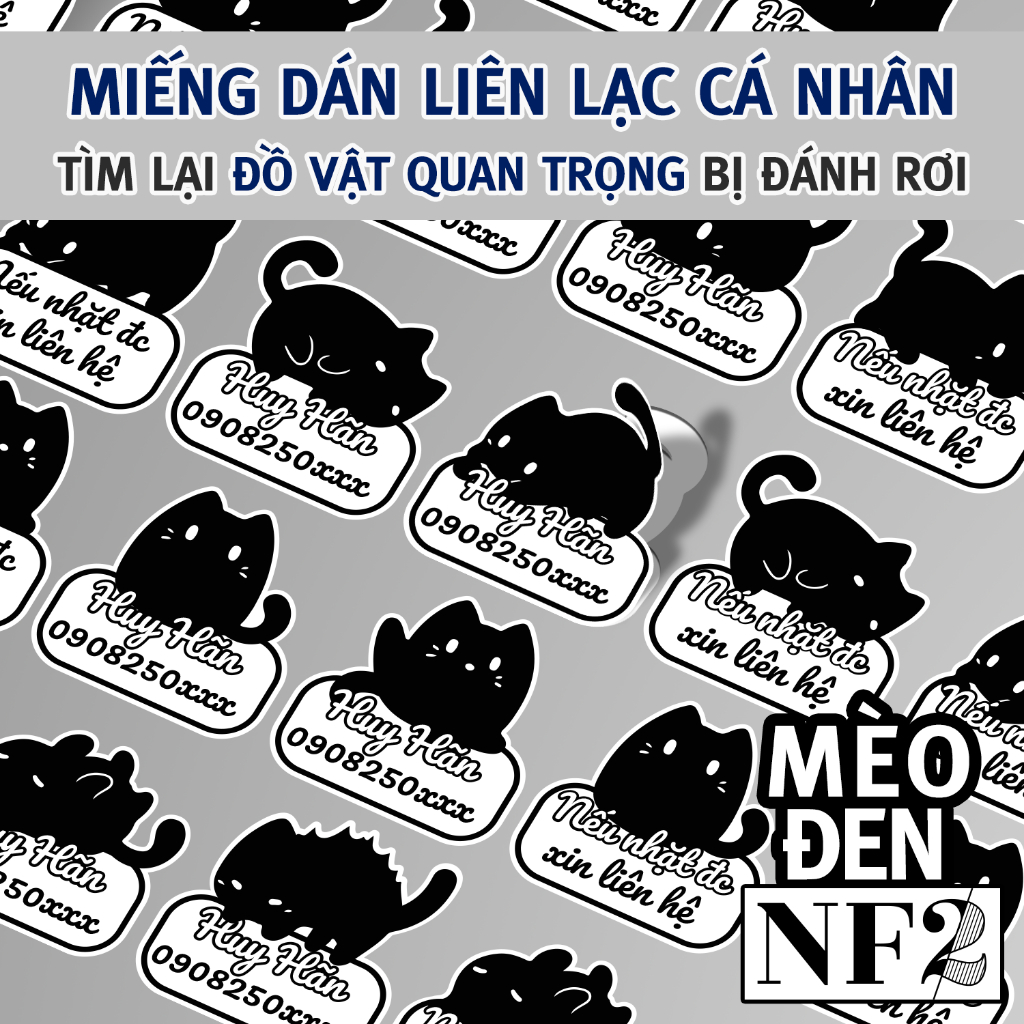 Sticker Liên Lạc NF2 (Không lo đồ vật quan trọng bị đánh rơi ) MÈO ĐEN - 40 miếng size 1.5x1.5cm