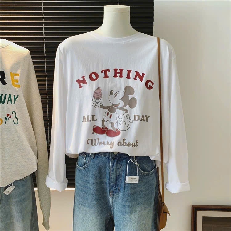 ÁO thun dài tay nữ tông Trắng in hình siêu xinh JULY FASHION,Áo tay dài nữ chất thun xượt dáng rộng phong cách Hàn Quốc