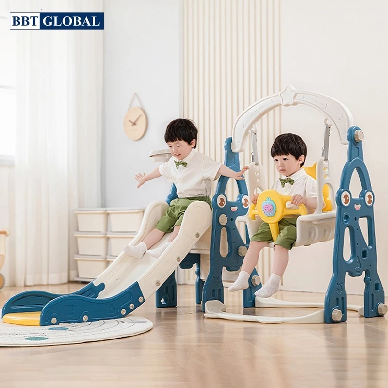 Cầu trượt xích đu khủng long máng dài gấp gọn kèm ném vòng và bóng rổ BBT Global CT-200 — ảnh 1