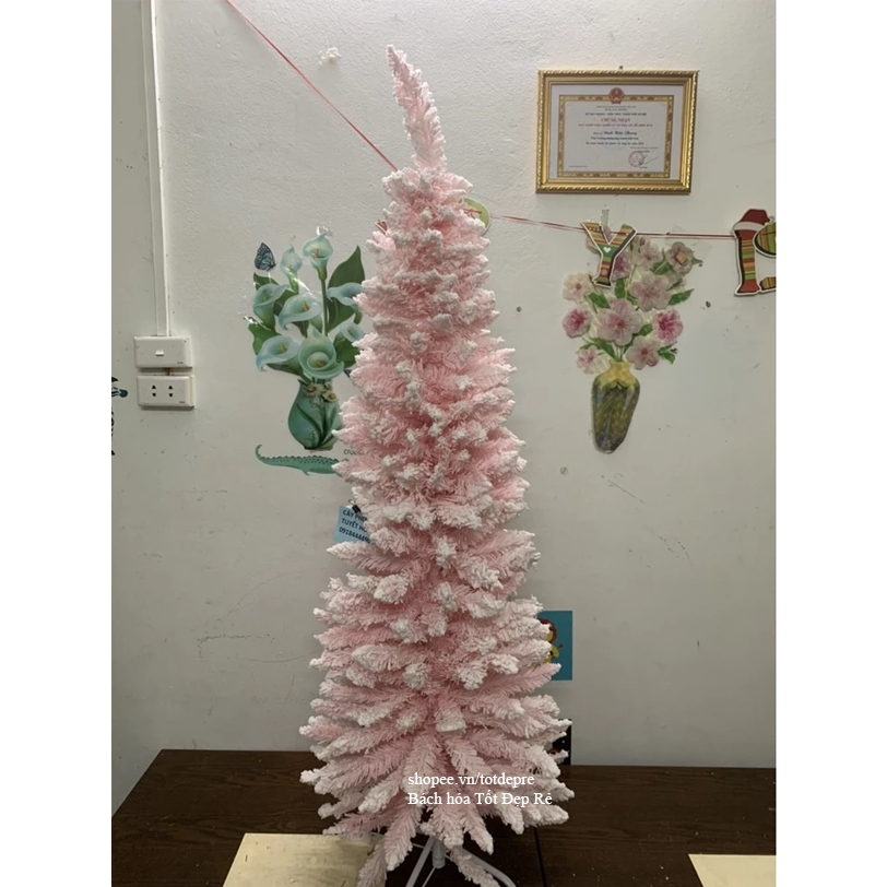 Cây thông phủ tuyết màu hồng cao cấp trang trí Giáng Sinh