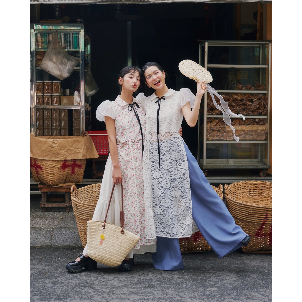 (TẶNG BAO LÌ XÌ ) Áo dài Hải Nghi - Remmus | Áo dài hoạ tiết hoA nổi tay bồng cho nữ (KHÔNG KÈM QUẦN)