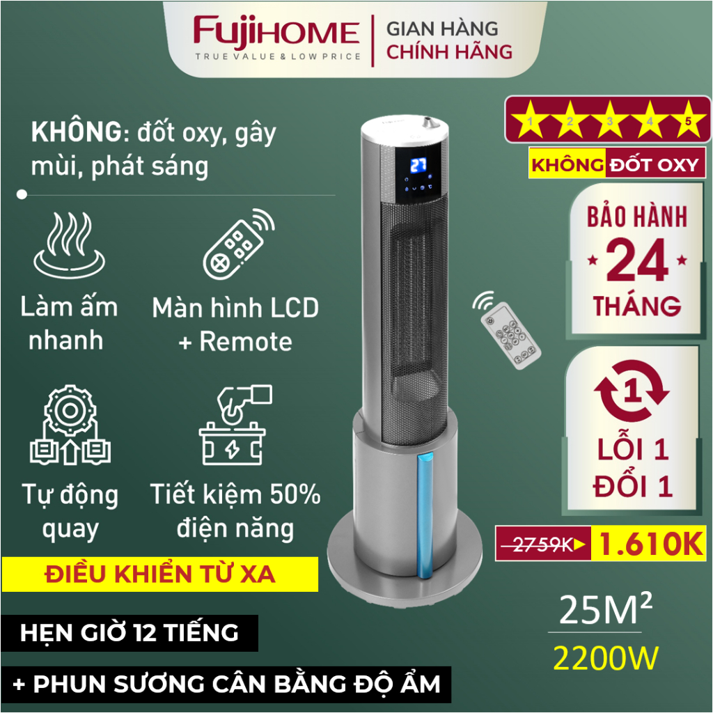 Máy sưởi gốm FUJIHOME FH6000 phun sương Nhập Khẩu điều khiển từ xa, quạt sưởi không khô da tiết kiệm điện heater mini