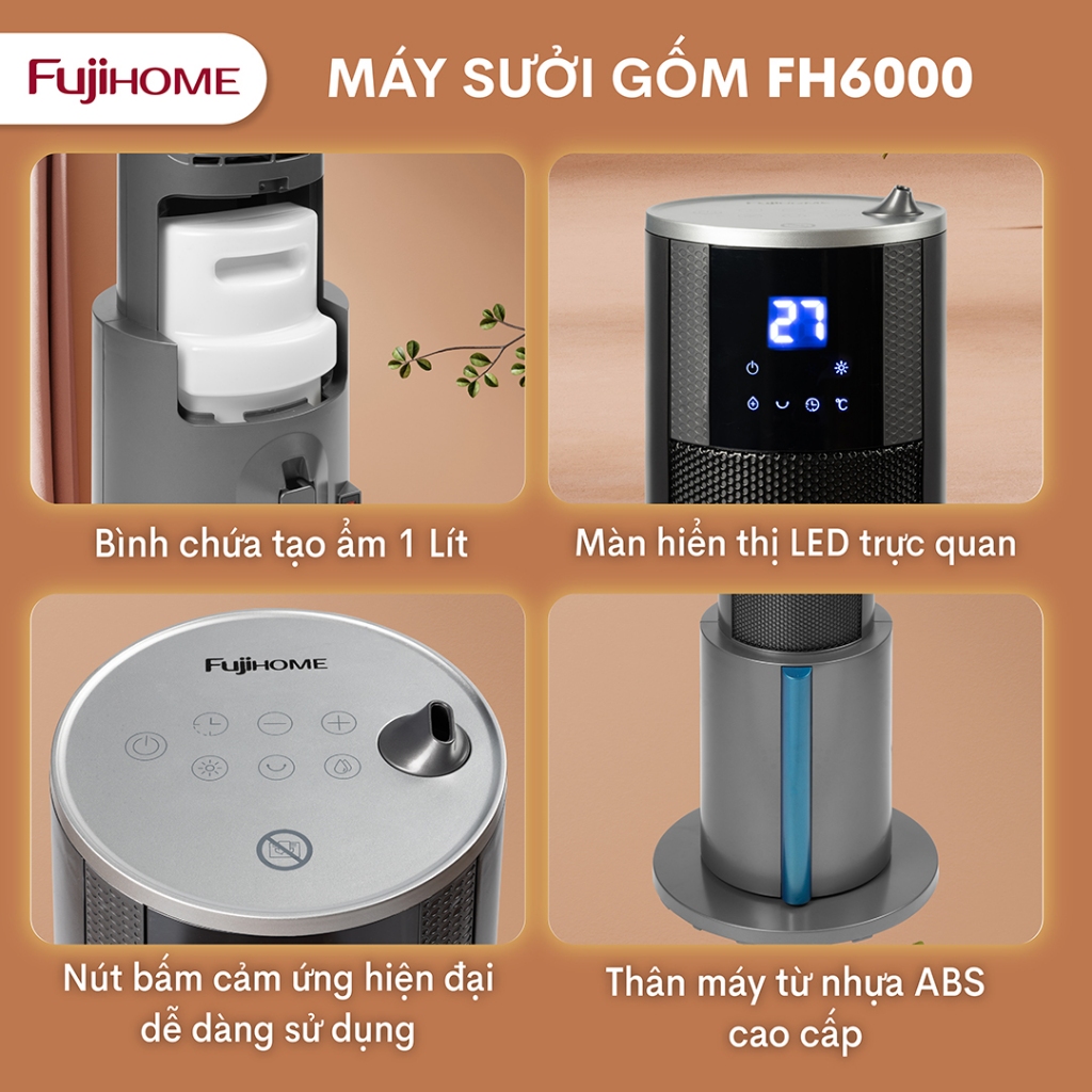 Máy sưởi gốm FUJIHOME FH6000 phun sương Nhập Khẩu điều khiển từ xa, quạt sưởi không khô da tiết kiệm điện heater mini