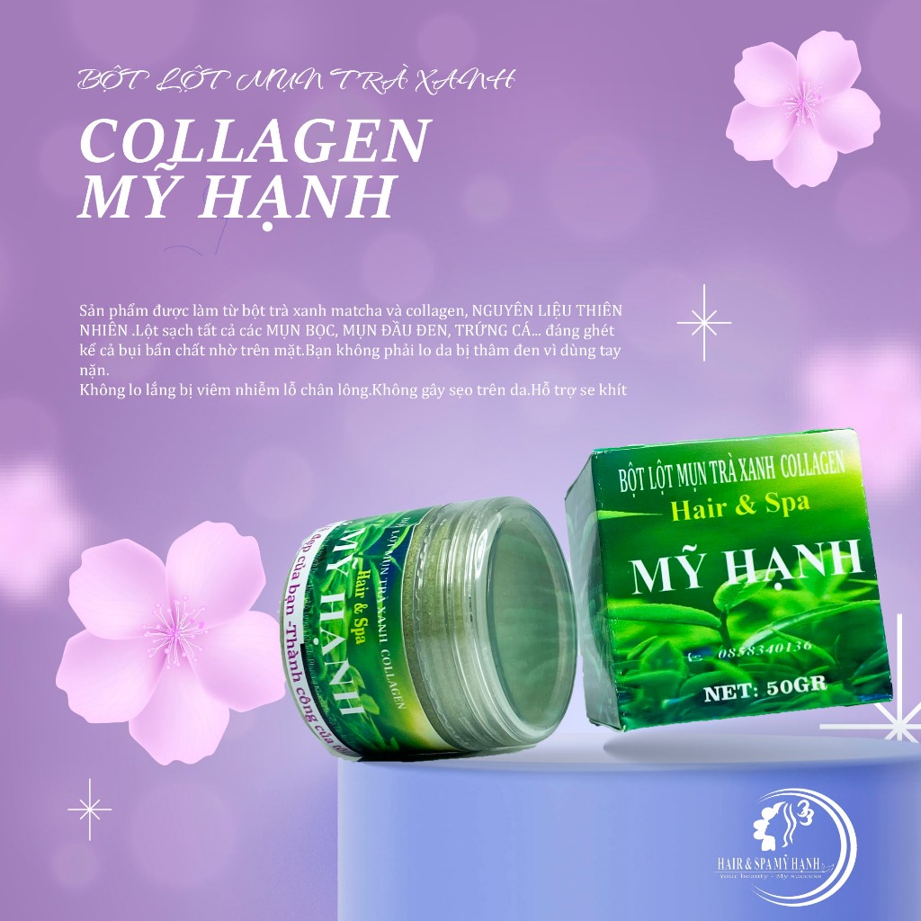 Bột lột mụn trà xanh collagen Mỹ Hạnh ,lấy mụn cám ,mụn đầu đen chất bả nhờn trên da ,50g