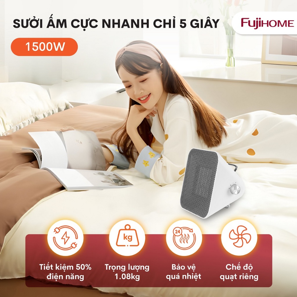 Quạt sưởi gốm FUJIHOME FH1100 Nhập Khẩu không khô da, máy sưởi ấm điện mini cầm tay không đốt oxy cho bé