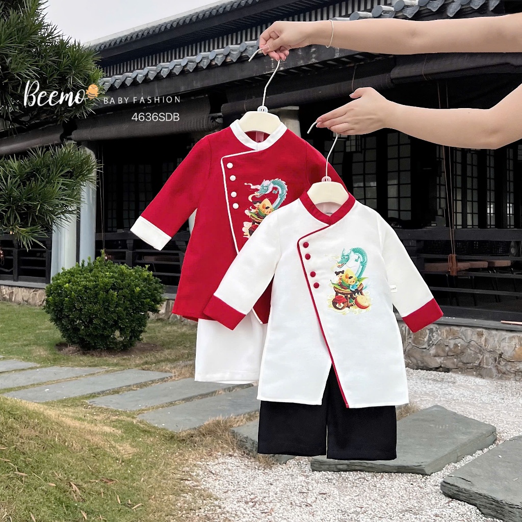 Bộ áo dài taffa phối quần lụa xẻ vạt cá tính cho bé trai, set áo dài tết bé trai in hình