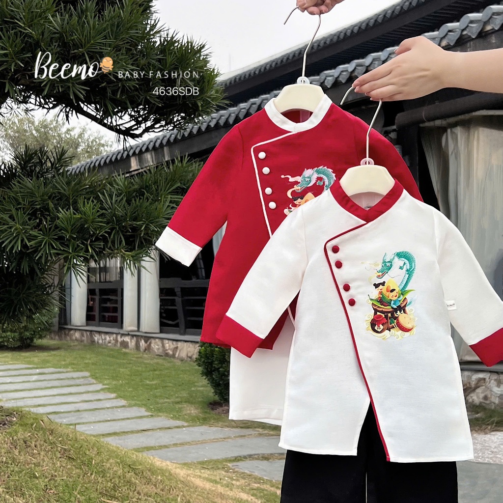 Bộ áo dài taffa phối quần lụa xẻ vạt cá tính cho bé trai, set áo dài tết bé trai in hình