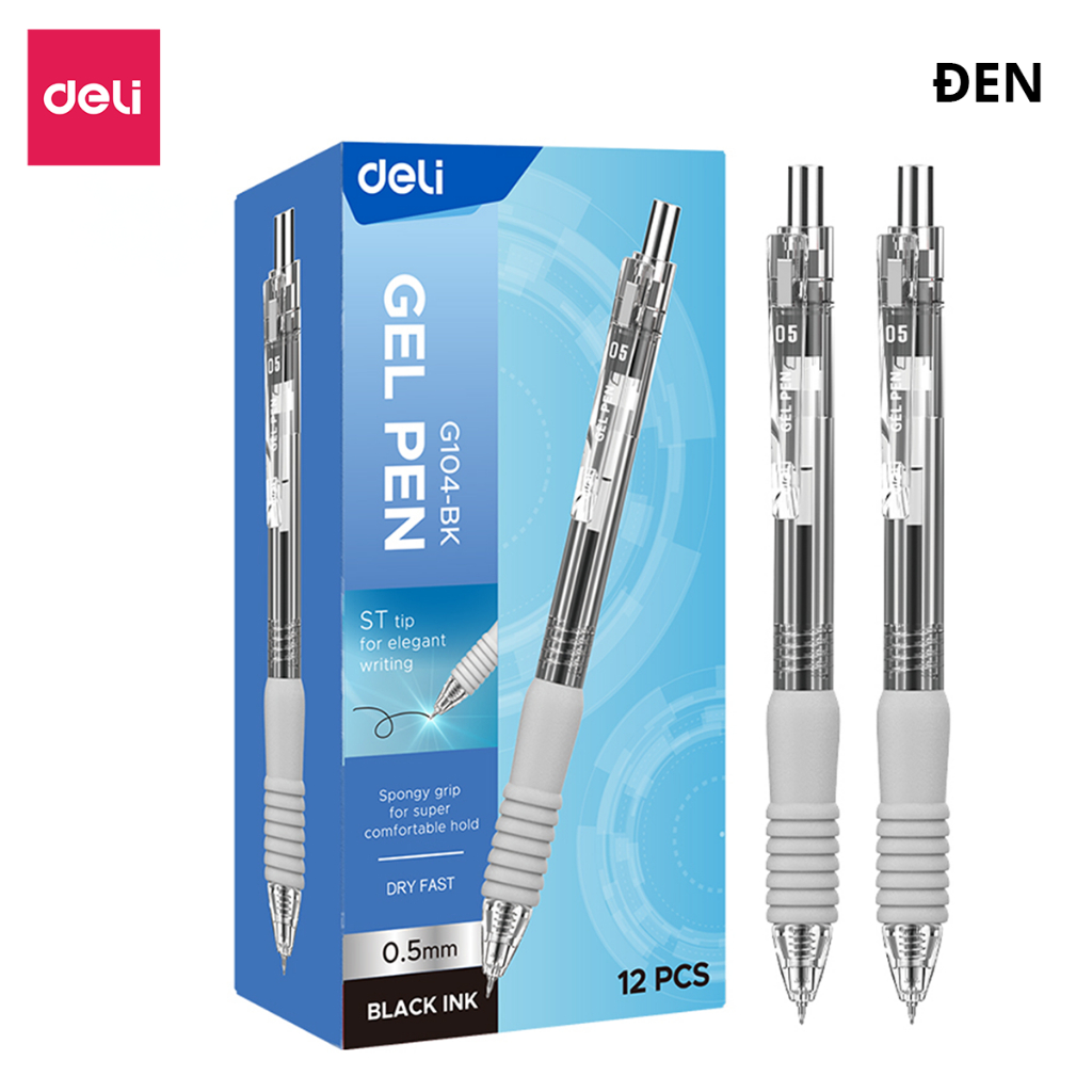 Hộp 12 Bút Bi Nước Đệm Xốp Deli G104 Ngòi 0.5mm Nhanh Khô Bút Gel Mực Bấm Deli Mực Xanh Đen Đỏ