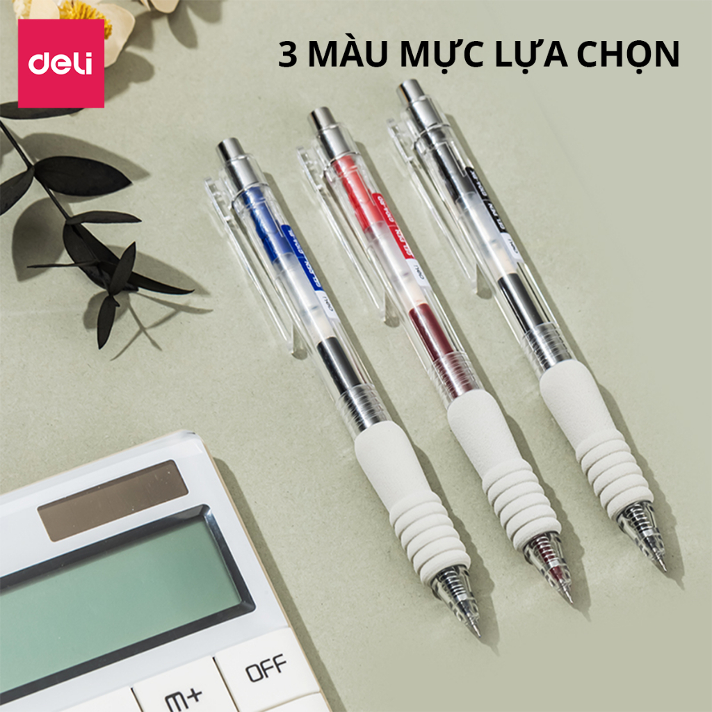 Hộp 12 Bút Bi Nước Đệm Xốp Deli G104 Ngòi 0.5mm Nhanh Khô Bút Gel Mực Bấm Deli Mực Xanh Đen Đỏ