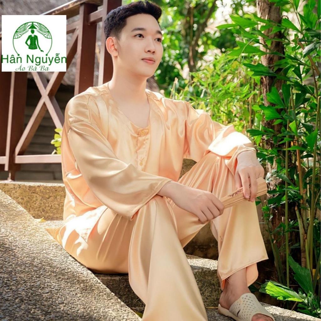 Hân Nguyễn Áo Bà Ba - B.A56 - Bộ Áo Bà Ba Nam Lụa Ngọc Trai Kèm Khăn Rằn Cổ Tròn, Tay Dài