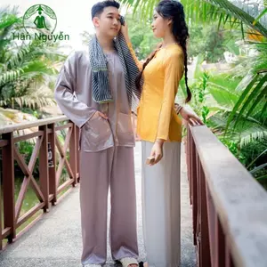 Hân Nguyễn Áo Bà Ba - B.A56 - Bộ Áo Bà Ba Nam Lụa Ngọc Trai Kèm Khăn Rằn Cổ Tròn, Tay Dài