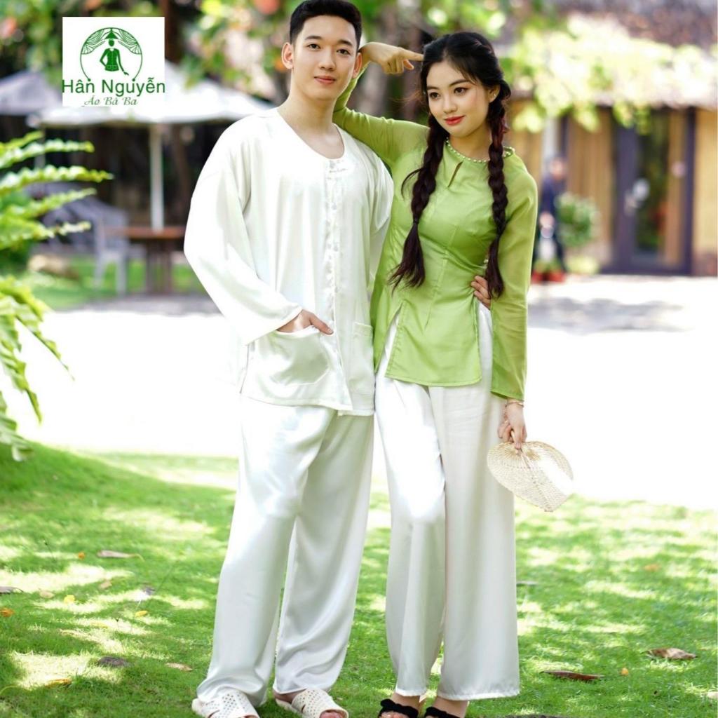 Hân Nguyễn Áo Bà Ba - B.A56 - Bộ Áo Bà Ba Nam Lụa Ngọc Trai Kèm Khăn Rằn Cổ Tròn, Tay Dài