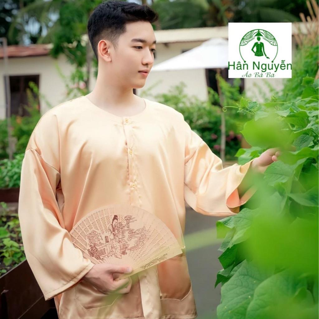 Hân Nguyễn Áo Bà Ba - B.A56 - Bộ Áo Bà Ba Nam Lụa Ngọc Trai Kèm Khăn Rằn Cổ Tròn, Tay Dài