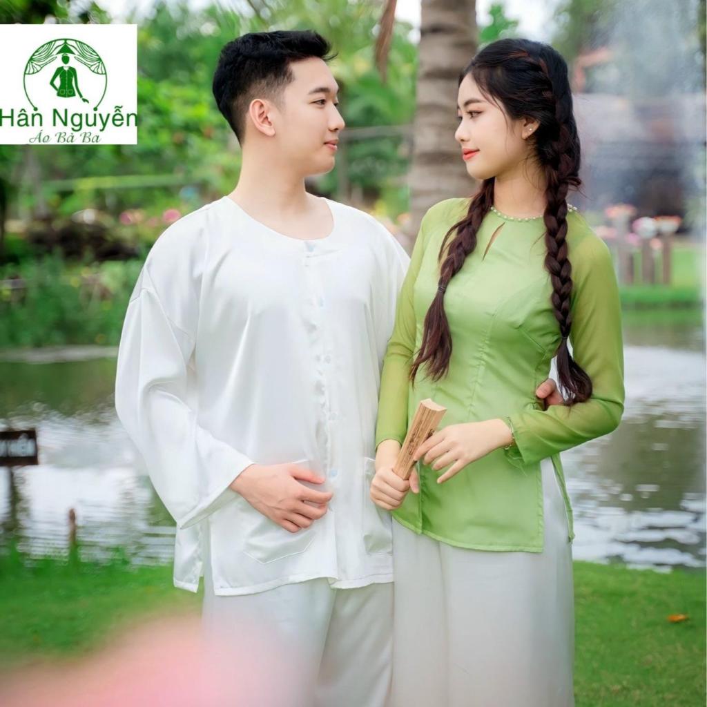 Hân Nguyễn Áo Bà Ba - B.A56 - Bộ Áo Bà Ba Nam Lụa Ngọc Trai Kèm Khăn Rằn Cổ Tròn, Tay Dài