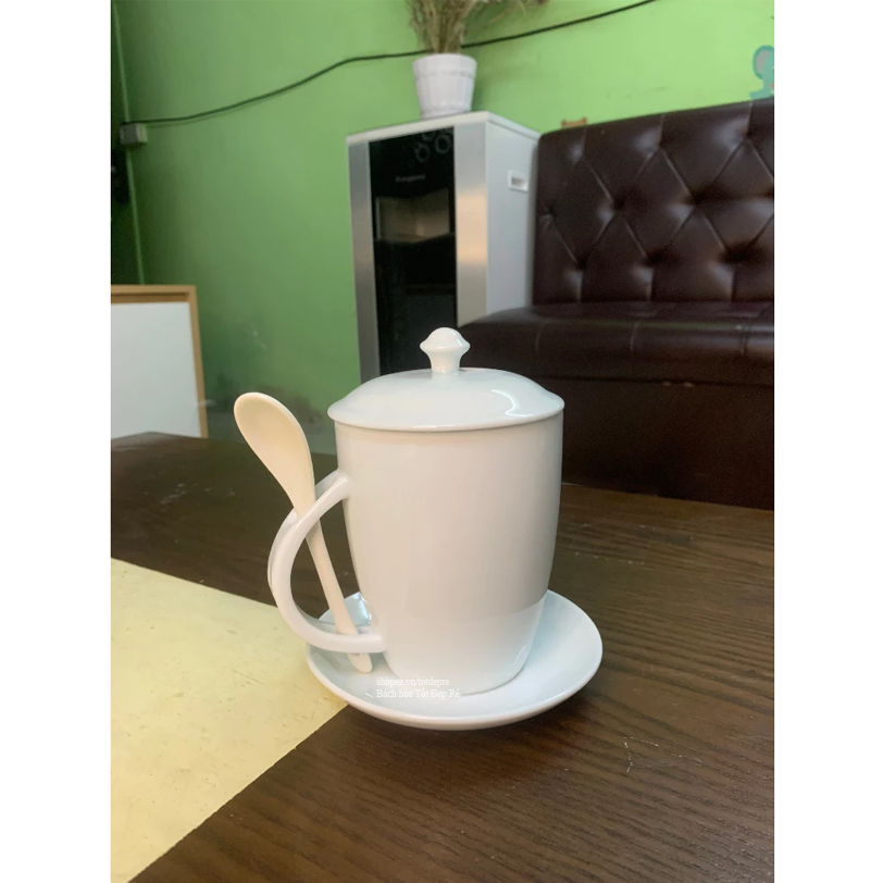 Set Ly sứ kèm thìa nắp đĩa lót cốc sang trọng tiện dụng - Hàng Bát Tràng chuẩn dày dặn men đẹp