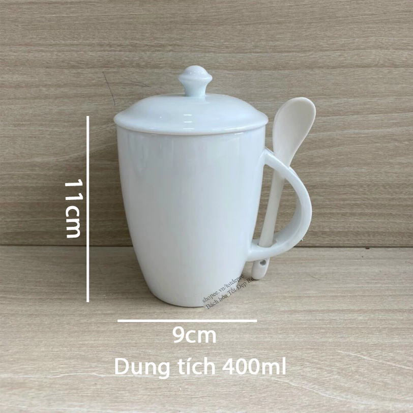 Set Ly sứ kèm thìa nắp đĩa lót cốc sang trọng tiện dụng - Hàng Bát Tràng chuẩn dày dặn men đẹp