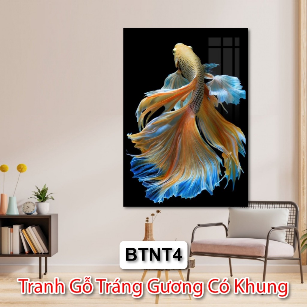 Tranh Tráng Gương Có Khung Cá Betta - Tranh Nghệ Thuật Cá Đá Betta - Tranh Trang Trí Phòng Khách Khách Sạn Nhà Hàng