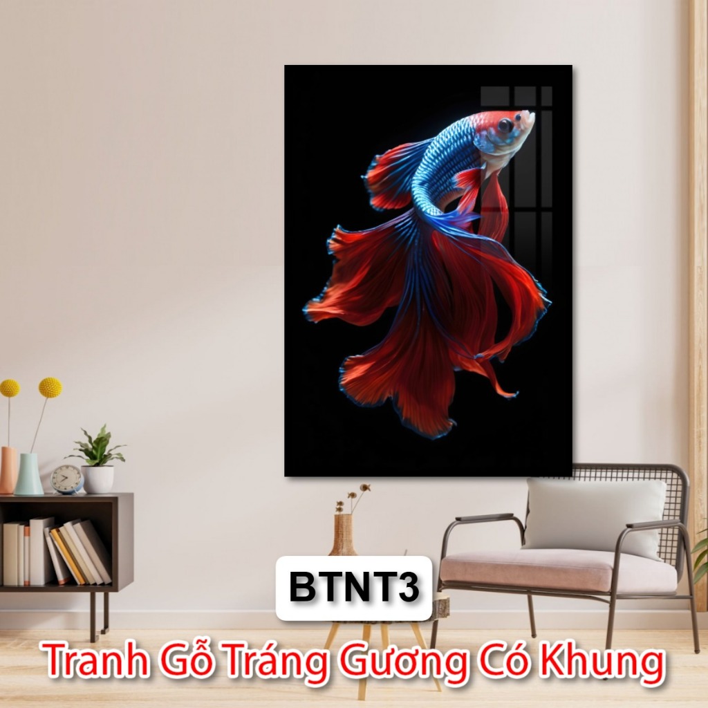 Tranh Tráng Gương Có Khung Cá Betta - Tranh Nghệ Thuật Cá Đá Betta - Tranh Trang Trí Phòng Khách Khách Sạn Nhà Hàng