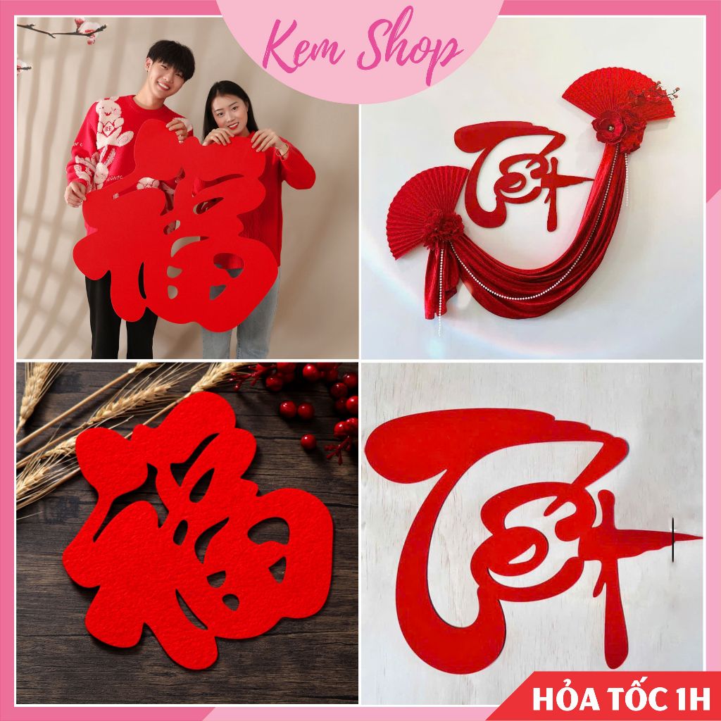 Chữ Tết, chữ Phúc vải nỉ dạ trang trí Tết nguyên đán, năm mới - Kem Shop K65
