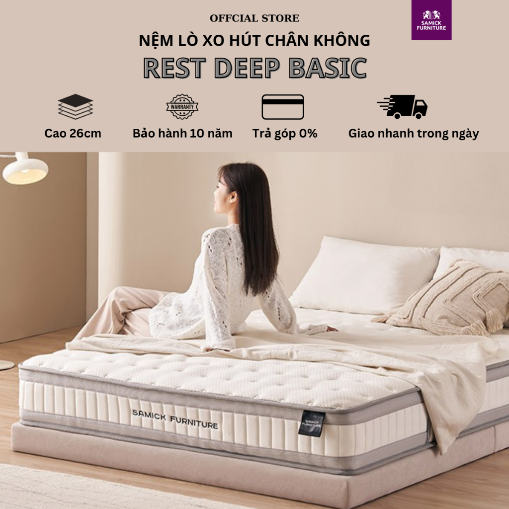 Ảnh NỆM LÒ XO TÚI HÚT CHÂN KHÔNG Cao Cấp SAMICK REST DEEP BASIC Cao 26cm  - Nâng đỡ cơ thể 1
