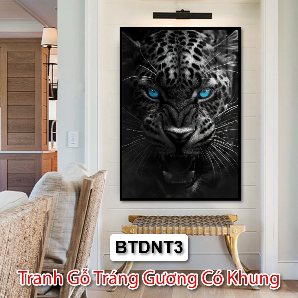 Tranh Báo Đốm Nghệ Thuật Trắng Đen Trang Trí Phòng Khách, Khách Sạn -  Tranh Gỗ Tráng Gương Có Khung