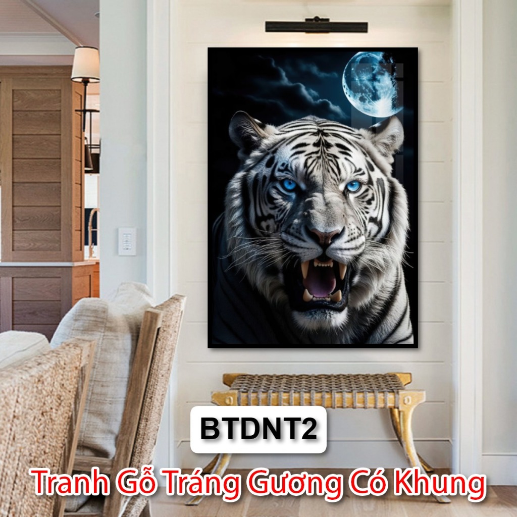 Tranh Báo Đốm Nghệ Thuật Trắng Đen Trang Trí Phòng Khách, Khách Sạn -  Tranh Gỗ Tráng Gương Có Khung