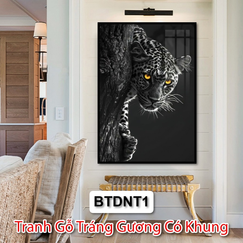 Tranh Báo Đốm Nghệ Thuật Trắng Đen Trang Trí Phòng Khách, Khách Sạn -  Tranh Gỗ Tráng Gương Có Khung