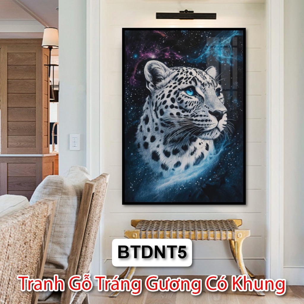 Tranh Báo Đốm Nghệ Thuật Trắng Đen Trang Trí Phòng Khách, Khách Sạn -  Tranh Gỗ Tráng Gương Có Khung