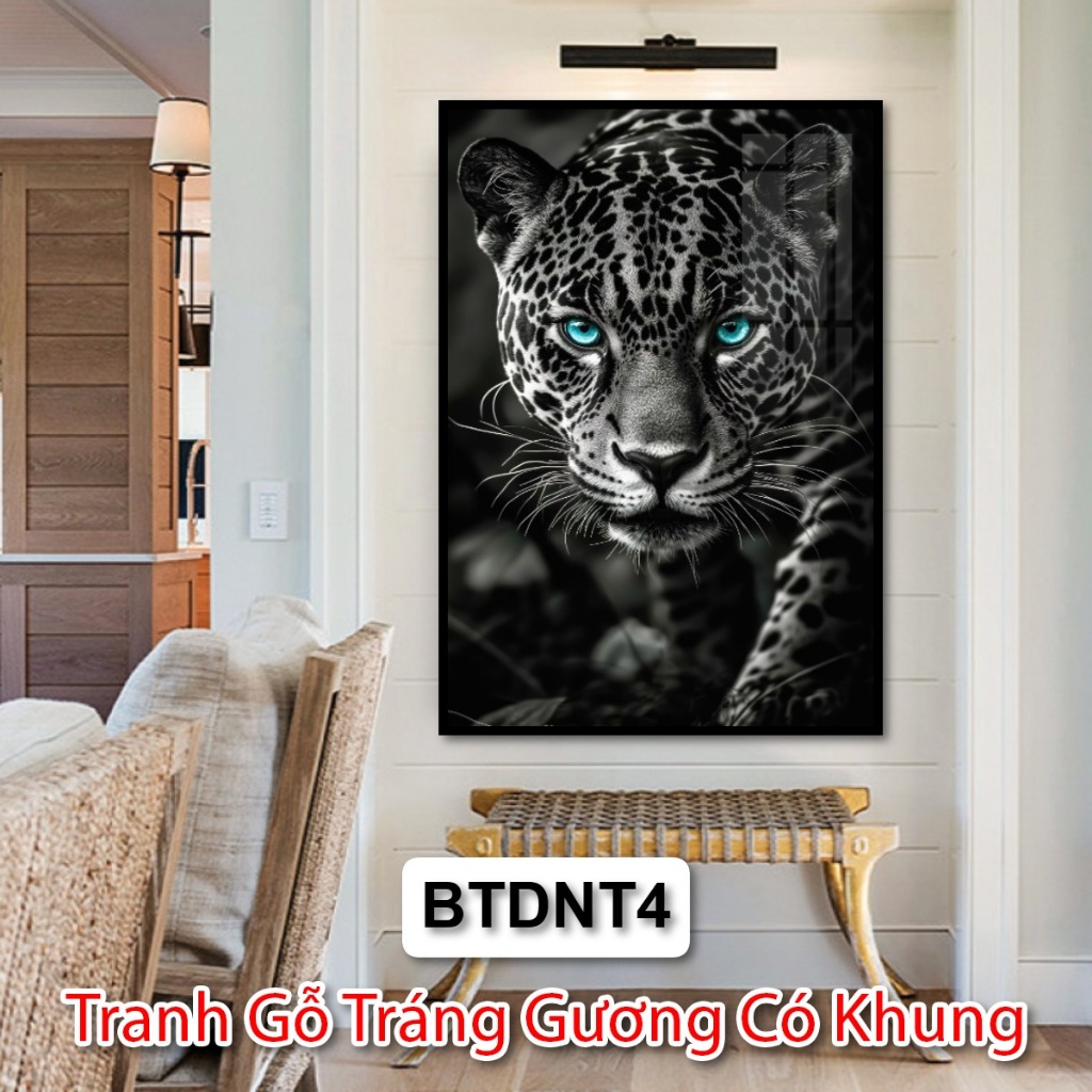 Tranh Báo Đốm Nghệ Thuật Trắng Đen Trang Trí Phòng Khách, Khách Sạn -  Tranh Gỗ Tráng Gương Có Khung