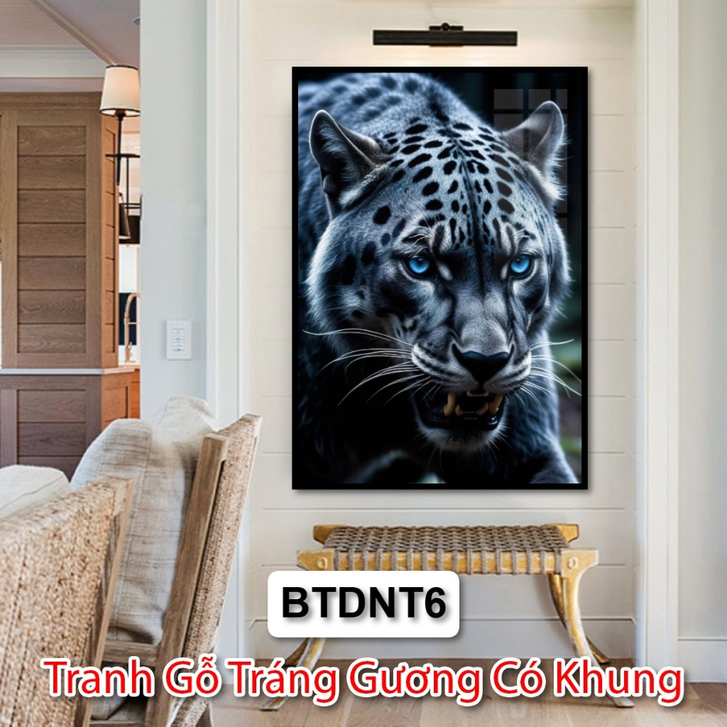 Tranh Báo Đốm Nghệ Thuật Trắng Đen Trang Trí Phòng Khách, Khách Sạn -  Tranh Gỗ Tráng Gương Có Khung