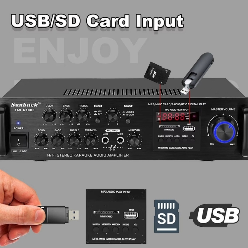 Amly karaoke bluetooth Sunbuck 6188Pro - Bảo hành 12 tháng - Amply công suất lớn, volume, echo, bass, treble