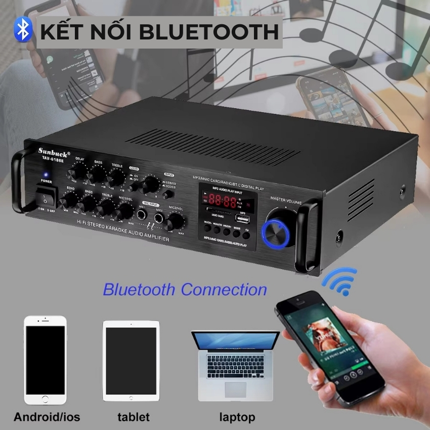 Amly karaoke bluetooth Sunbuck 6188Pro - Bảo hành 12 tháng - Amply công suất lớn, volume, echo, bass, treble