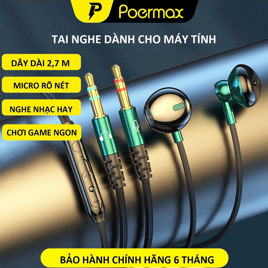Tai nghe máy tính C70 dành cho máy tính bàn có 2 giắc cắm, có mic đàm thoại, dây dài 2.5m-Poermax