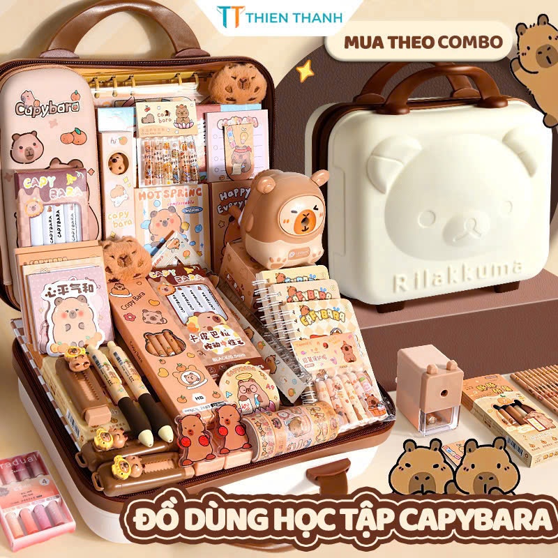 Hộp Quà Tặng Văn Phòng Phẩm Capybara – Set Đồ Dùng Học Tập Bút Thước Dễ Thương Tặng Quà Sinh Nhật, 1/6 Cho Bé
