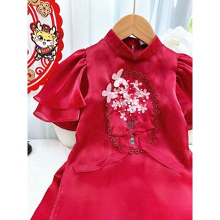 Quần áo trẻ em, Áo dài tơ lụa cao cấp bé gái 3 màu đính hoa thủ công cho bé 1 -10 tuổi  AD015 | Tiểu Yến KID