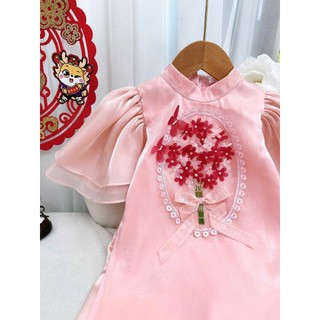 Quần áo trẻ em, Áo dài tơ lụa cao cấp bé gái 3 màu đính hoa thủ công cho bé 1 -10 tuổi  AD015 | Tiểu Yến KID