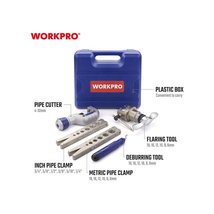 Bộ dụng cụ lã ống/nong ống đồng/thép gồm 5 chi tiết WORKPRO WP303001 cắt ống 4 - 32mm, kẹp ống 6 - 19mm (1/4 - 3/4 inch)
